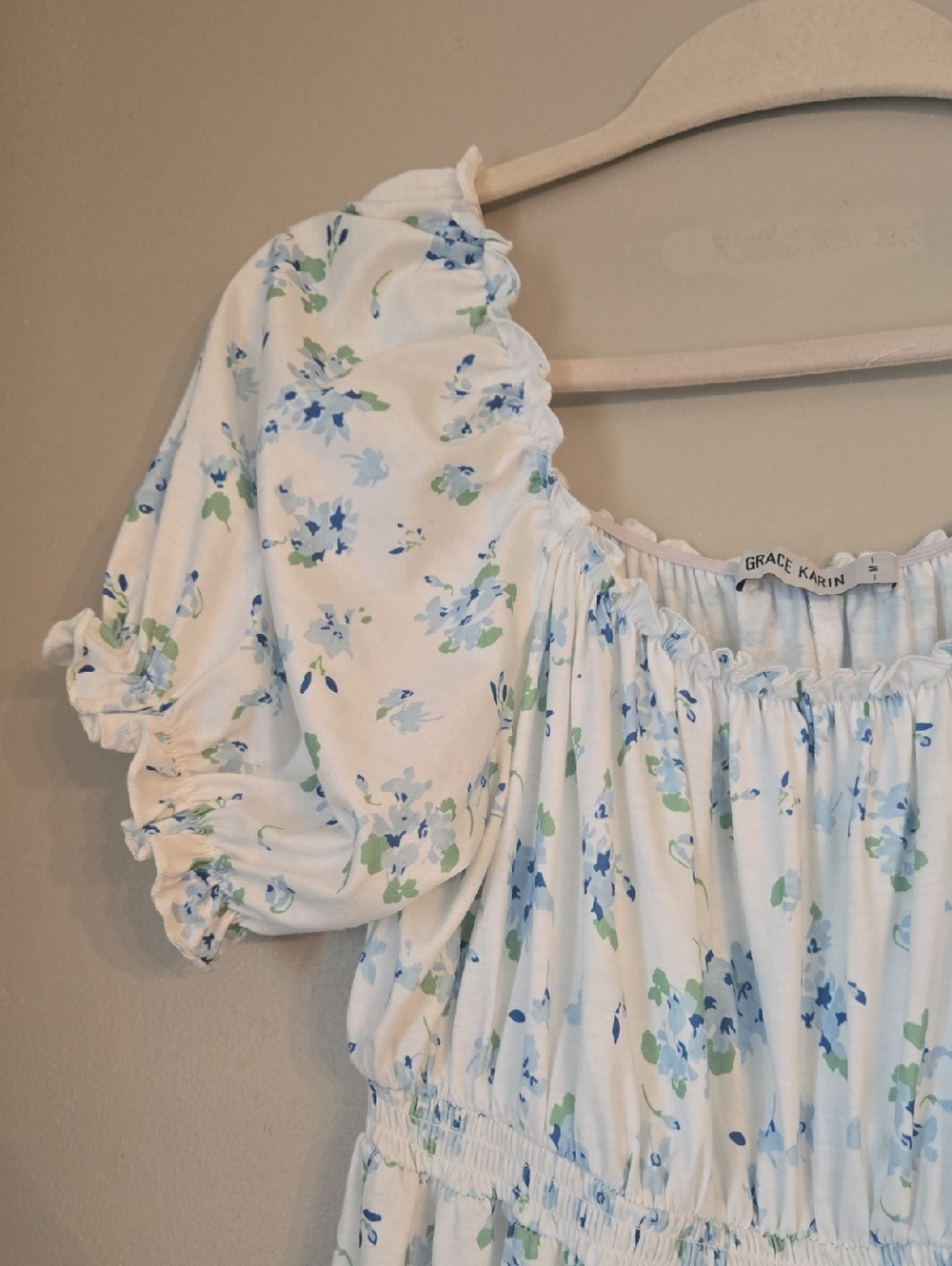 Grace Karin - White Floral Puff Sleeve Midi Dress with Blue & Green Print - Picture 2 of 4